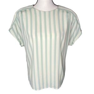 Vintage Notations Top Sea Foam Ivory Striped Button Down Back Oversized Blouse